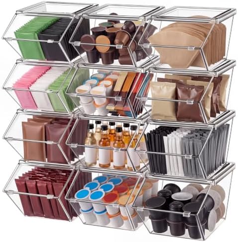 Yerliker 12 Pcs Clear Plastic Storage Bins with Lids Stackable Pantry Storage Organizer Kitchen Cabinet Organizers Ideal Containers for Coffee Pod Tea Sugar Bag Cabinet Home (Extra Large) by Yerliker