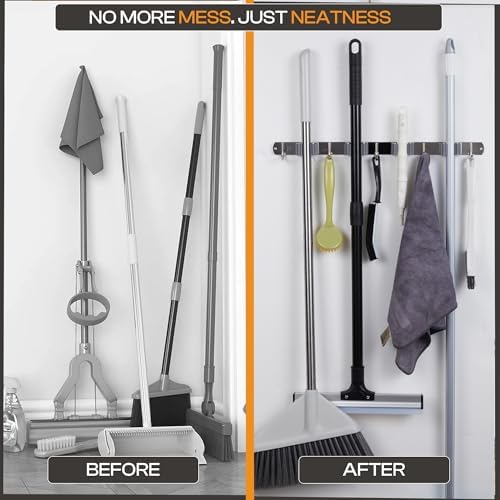 Stainless Steel Broom Holder Wall Mount, 4 Racks & 5 Hooks - Image 5