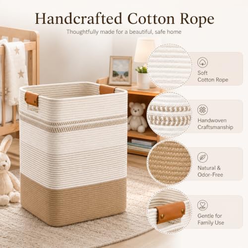 Laundry Hamper, Cotton Rope Laundry Basket with Leather Handles, 25.1-Gallon/95 L Large Clothes Hampers for Laundry, Woven Laundry Baskets for Blankets, Clothing, Bedroom, Living Room, Nursery - Image 6