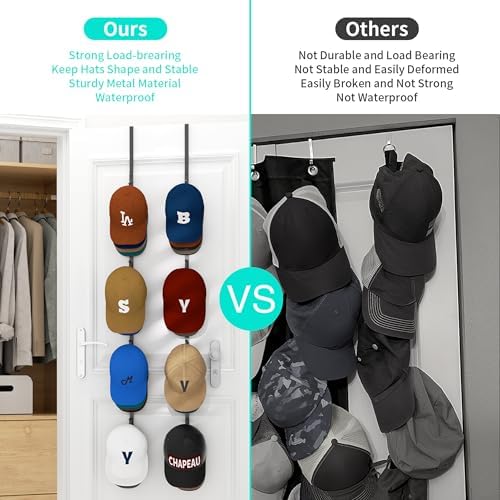 HapiRm Over Door Hat Rack - 2 Packs Hat Organizer with 8 Hooks Design, Hanging Baseball Cap Organizer Storage Holds Up to 40 Caps for Door, Bedroom, Closet (Black) - Image 2