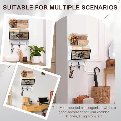 Yalikop Farmhouse Mail Organizer Wall Mounted Rustic Mail Holder Hanging Key Sorter with 3 Hooks Indoor Wooden Wall Mounted, Letter, Magazines, Newspapers, Keys(Classics,White Gray) - Image 6