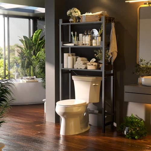 Besiost Over The Toilet Storage Rack - 3 Tier Bathroom Organizer with Shelves, Freestanding Space Saver Storage Rack Above Toilet Stand with 4 Hooks for Restroom, Laundry, Black - Image 2