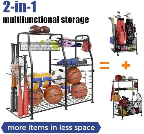 Garage Sports Equipment Organizer with Wheels - Ball Storage Rack with Elastic Rope or Wire Mesh,Garage Organizer System,Indoor/Outdoor Sports Rack for Sports Gear and Toys Storage,Black - Image 4