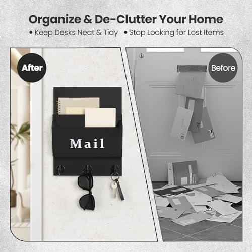 Mail and Key Holder, Wall Key Holder with 2 Mail Organizer Slot and 3 Hooks - Image 2