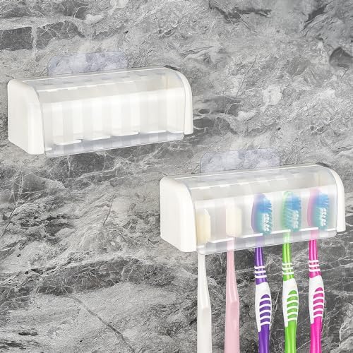2 Pack 5 Slots Wall Mount Toothbrush Holder with Cover, Self Adhesive Toothbrush Storage Organizer for Shower, Toothbrush Hanger for Bathroom, Medicine Cabinet, Dorm by LUEXBOX