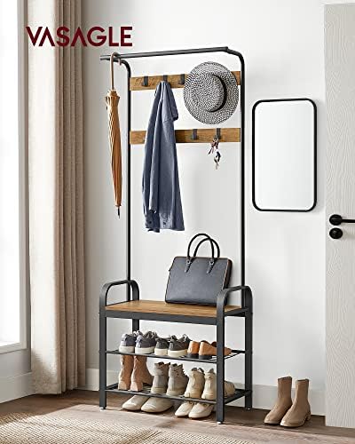 VASAGLE Coat Rack, Hall Tree with Shoe Bench for Entryway, Entryway Bench with Coat Rack, 4-in-1, with 9 Removable Hooks, a Hanging Rod, 13.3 x 28.3 x 72.1 Inches, Rustic Walnut and Black UHSR040B41 - Image 2