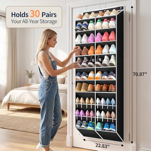 Yecaye 30 Pairs Over the Door Shoe Organizer, Large Capacity Hanging Shoe Rack for Door Hanger with Deep Pockets, Heavy Duty 10 Tier Shoe Holder for Sneakers Boots Heels College Dorm Essentials, Black - Image 2
