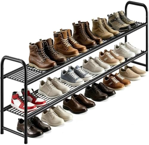 AOODA Long 2 Tier Shoe Rack for Closet Metal Wide Stackable Shoe Storage Organizer for Entryway, Bedroom, Floor, 18-Pairs Low Shoe Shelf, Black by AOODA