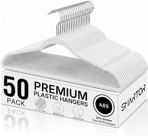 SMARTOR Plastic Hangers 50 Pack - Thin Clothes Hangers Heavy Duty | Durable, Lightweight, Space Saving, Slim Hangers Plastic, Dorm Room Essentials for College Students - White by Smartor