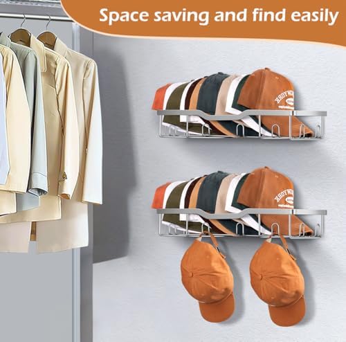 KEETDY Metal Hat Racks for Baseball Caps Wall Hat Organizer Fit 48 Caps Holder, 2 Packs Sturdy Wall Mounted Snapback Storage Organizer, Silver - Image 6