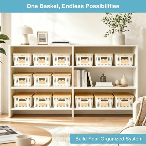 Bagnizer Small Plastic Storage Bins with Bamboo Lids 5.2qt Stackable Box Basket Pantry Decorative Containers Cute with Labels for Organizing Desktop Closet Office Cream White of 6 packs 10*7.2*4.1" - Image 6