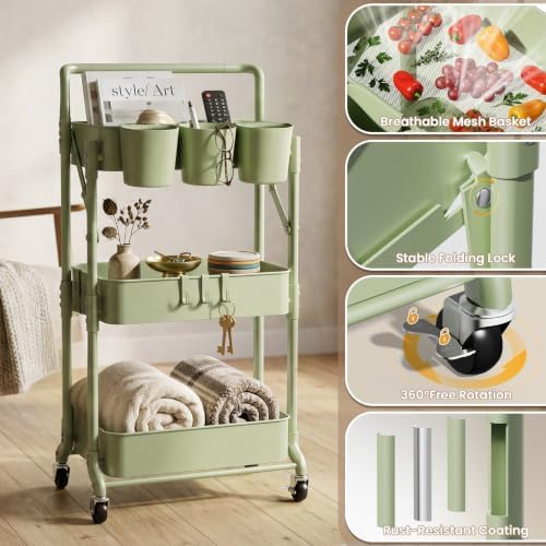 Foldable 3 Tier Rolling Cart, Metal Utility Cart with Wheels - Image 4