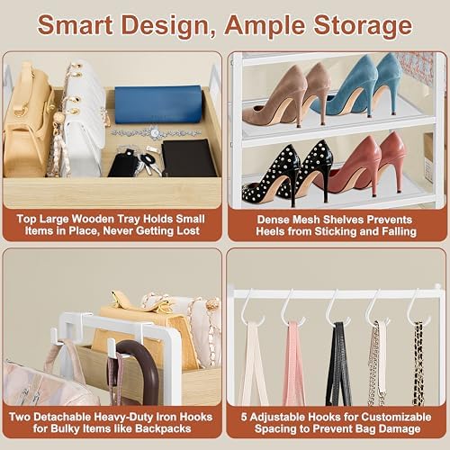 2-in-1 Shoe Rack for Closet with Purse Organizer, 5 Tier Shoes Shelf with Wooden Tray and Removable Shelves, Storage Organizer for Entryway, Garage, Hold Boots, Backpacks, White - Image 4
