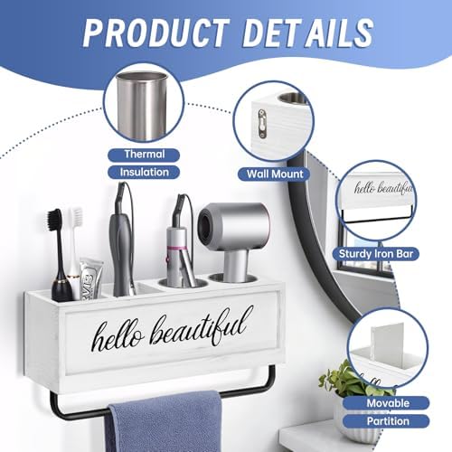 Hair Dryer Holder Wall Mounted, Hair Tools and Styling Organizer with Towel Bar, Farmhouse Beauty Hair Appliance Holder for Flat Iron, Curling Wand, Towel Rack (White) - Image 6