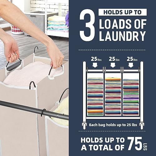 STO STO Laundry Sorter 3 Section, 3 Bag Clothes Hamper, Rolling Laundry Cart Basket with Heavy Duty Lockable Wheels and Removable Bag for Laundry Room, Bedroom, Closet, Beige - Image 4