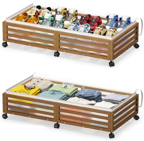 Under Bed Storage with Wheels, 2 Pack Bamboo Drawers for Shoes and Clothes by WisuceHome