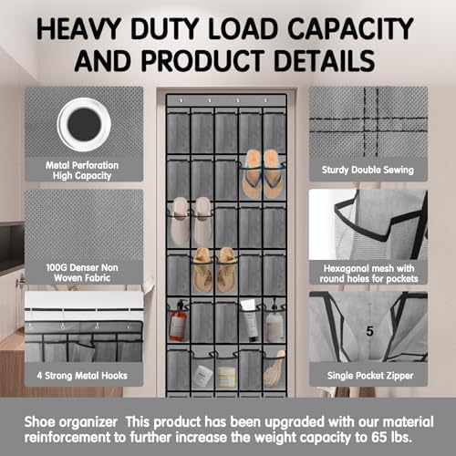 Kotkn 35 Compartment Over The Door Storage - Breathable Mesh Hanging Organizer with Large Pockets, Space Saving Design for Men & Women's Footwear, Closet, Bedroom (Gray) - Image 2