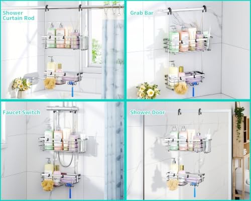 HapiRm Hanging Shower Caddy Organizer - No Drilling Shower Shelves with Hooks and Toothbrush Holder, Rustproof 304 Stainless Steel Bathroom Organizer - Silver - Image 4