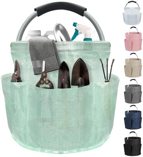 17L Cleaning Caddy for Cleaning Supplies, Foldable Tool Bucket Organizer with 6 Side Pockets, Portable Garden Tool Bag in PVC Resin, Folding Storage Basket for Camping, Gardening, Green by IHOMAGIC