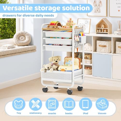 Metal Rolling Storage Cart with 3 Drawers - Utility Cart on Wheels with Pegboard & Wood Tabletop, Multifunctional Trolley Organizer with Hooks & Bin for Living Room,Bedroom,Craft Room,Office,Kids Room - Image 2