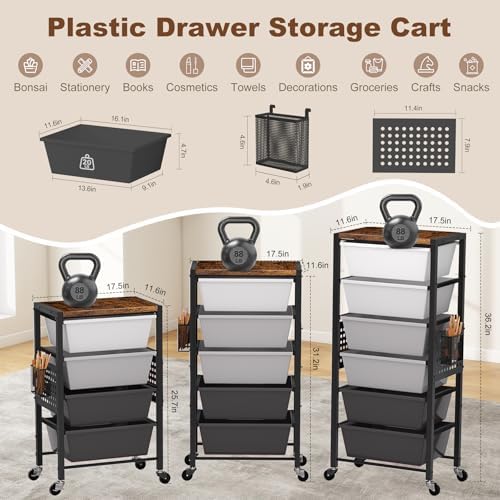 Rolling Cart with Drawers, Rolling Storage Cart with Large Plastic Drawers & Wooden Tabletop, Utility Cart with Pegboards & Basket, Storage Drawers Cart for Living Room, Classroom, Bedroom, Office - Image 2