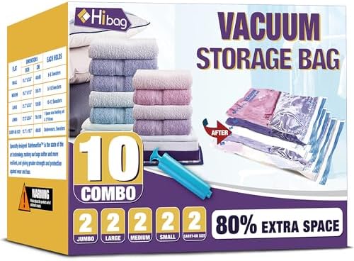 HIBAG Vacuum Storage Bags, 10-Pack Vacuum Seal Bags for Clothing Clothes, Space Saver Bags (2 Jumbo, 2 Large, 2 Medium, 2 Small, 2 Roll-up) with Pump (10-Combo) | Various Size, Airtight Triple Seal, Save 80% Space, Hand Pump, Work with Vacuum, Double Z... by HIBAG