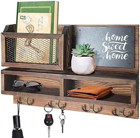 Key Holder for Wall, Mail Organizer Wall Mount with Key Hooks and Wallet Holder, Sunglasses Storage and Dog Leash Hanger, Decorative with 4 Double Hooks and Chalkboard by WEWEOW