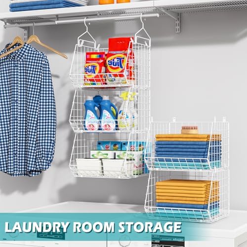 5 Tier Closet Hanging Organizer, Clothes Hanging Shelves with 4 Hanging Hooks 5 S Hooks, Wire Storage Basket Bins, for Clothing Sweaters Shoes Handbags Clutches Accessories Patent Design-White - Image 6