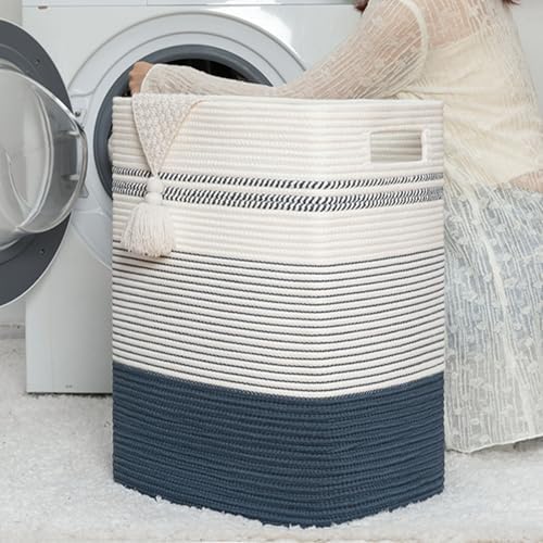 80L Large Cotton Rope Laundry Basket for Bedroom & Laundry Room, Tall Clothes Hamper with Sturdy Handles, Neutral Storage Bin Capable of Holding Blankets and Toys - Image 4