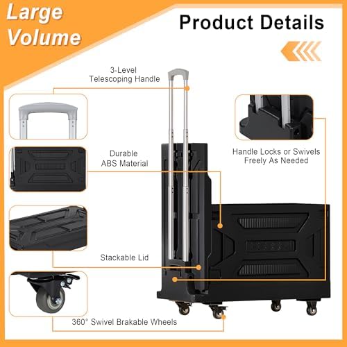 VECELO Foldable Shopping Cart with Wheels, Collapsible Rolling Crate for Groceries, Folding Storage Box with Handle, Three Modes of Use, Ideal for Teacher, Trip, Outdoors, Etc., 23GAL, Black - Image 5