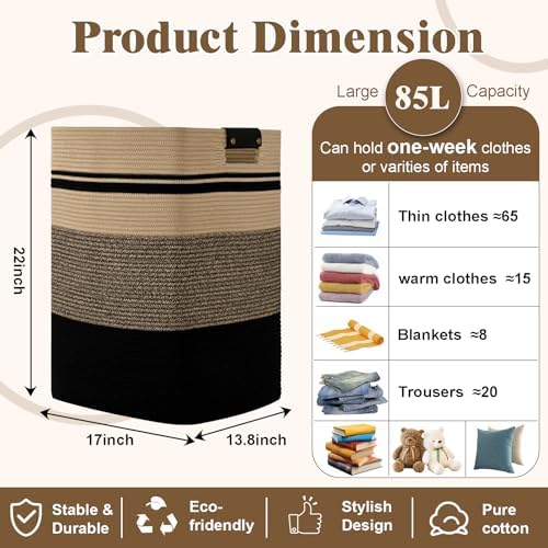 Laundry Hamper, 85L Tall Laundry Basket with Leather Handles, Rectangle Large Clothes Hamper for Organizing, Cotton Woven Laundry Baskets Storage Hampers for Bedroom, Nursery, Living Room - Image 3