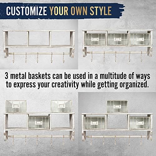 HBCY Creations Wall Mounted Shelf with Coat Hooks and Baskets, Solid Wood Entryway Organizer Wall Shelf with Hooks - Hang Coats, Keys or Coffee Mugs, Rustic Whitewashed 24" Wide - Image 4