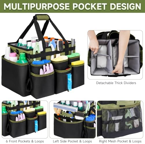 Large Rolling Cleaning Caddy Bag with Detachable Trolley,Cleaning Cart on Wheels with Shoulder Strap,Cleaning Supplies Organizer for Housekeepers,Green - Image 3