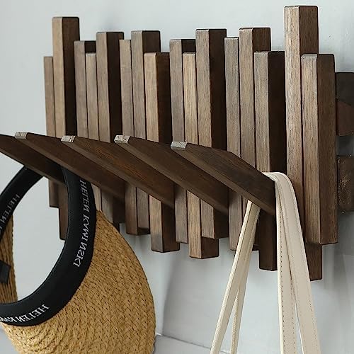 Wall Mounted Piano Coat Rack| Coat Rack Wall Mount| Flip Down Hook Rack 5 Hooks| Entryway Wall Art Hook,Made of Acacia Wood (Wood Wax Oil Dyed Walnut Color).Wall Art - Image 3