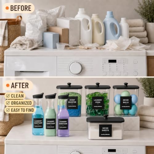 4+3 Pack Laundry Pods Containers & Dryer Sheet Holder & Laundry Detergent Dispenser, Laundry Room Organization and Storage Jars with Lids, Labels and Scoops for Scent Booster, Powder, Pods - Image 5