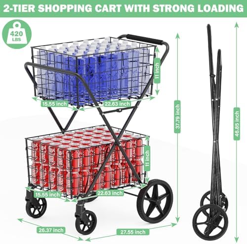  2-Tier Large Collapsible Grocery Cart On Wheels 400lbs Shopping Cart - Image 2
