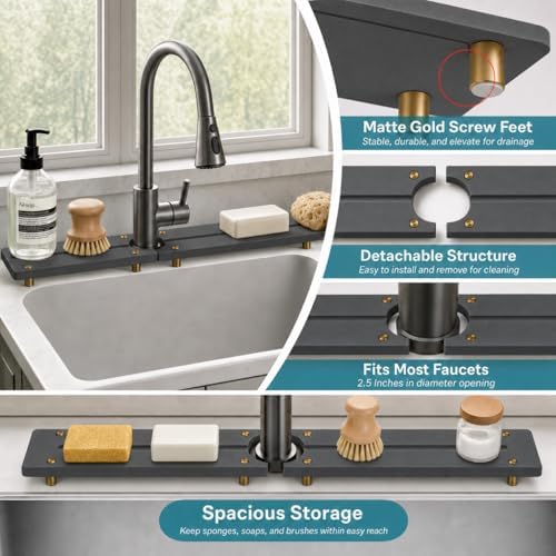 2PCS Stone Faucet Mat for Kitchen Sink, Water Absorbing Sink Tray Organizer for Bathroom Counter, Diatomite Soap Dish Coaster Caddy Riser, Sponge Holder Dispenser Mat, Dark Gray, 23.6" x 4", 1 Set - Image 5