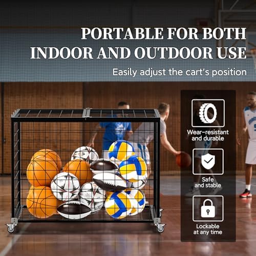 Sports Ball Storage Cart, Lockable Ball Cart with Double Lid,Ball Rack with Wheels,Rolling Sports Ball Storage Cart is Suitable for Gyms, Schools, Clubs, Indoor and Outdoor Basketball Storage - Image 6