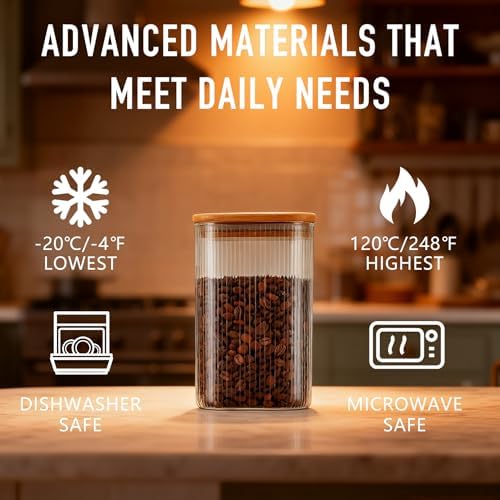 D2scrma 37oz Airtight Glass Square Storage Canisters with Bamboo Lids Set of 6 (1100ml) Striped Stackable Containers, Decorative Kitchen Jars for Tea, Nuts and Coffee (‎with Black Lable) - Image 4