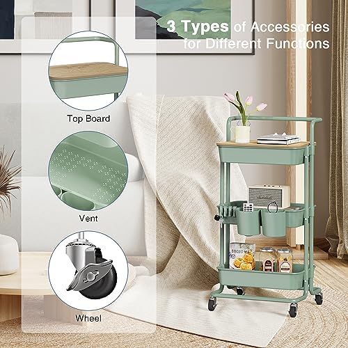 DTK 3 Tier Rolling Utility Cart with Cover Top Board, Movable Kitchen Storage Cart Trolley with Lockable Wheels, Cups, Hooks for Kitchen Bathroom Home Office Art Craft Storage(Turquoise/Green) - Image 3