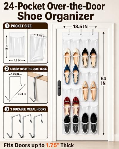 Over-the-Door Shoe Organizer with 24 Crystal Clear Pockets, White - Image 2