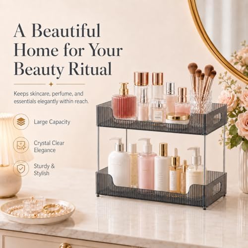 Goderewild 2 Tier Bathroom Counter Organizer, Multi-Purpose Cosmetics Skincare Shelf, Makeup Organizer for Vanity Tray, Countertop Storage Solution for Kitchen and Bath. (Smoky Gray) - Image 5