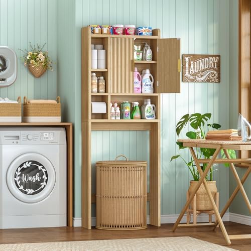 TEENFON Over The Toilet Storage Cabinet with 4 Open Shelves and Adjustable Shelf, Extra Tall Bathroom Organizer Unit with 2 Wood Doors, Home Space Saver for Bathroom, Laundry Room, Natural - Image 4