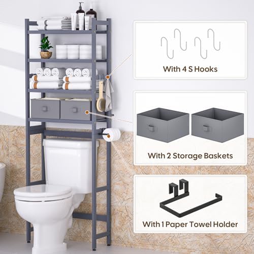 Cozivolife Over The Toilet Storage: 4-Tier Rack with 2 Baskets (Grey) - Image 4
