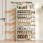 8 Tier Shoe Rack Organizer for 32-40 Pairs, Tall Metal Shoe Storage Shelf with Wood Top, Adjustable Boot Space, Narrow Design for Entryway Closet,White - Image 4