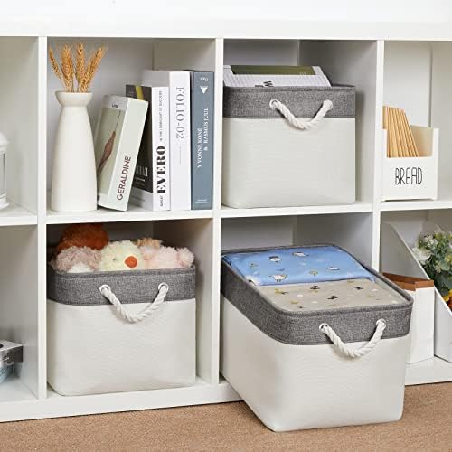 Bidtakay White Baskets with Cotton Rope Handles Decorative Storage Bins [3-pack] Fabric Bins for Organization Linen Closet Shelf Storage Baskets for Clothes Toys Towels 15 X 11 X 9.5 Inches - Image 4