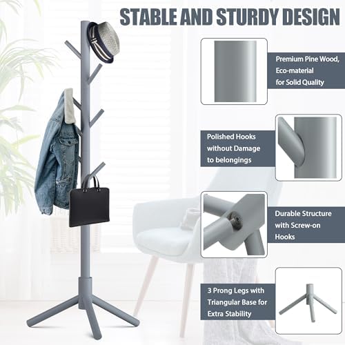Haddockway Wooden Coat Rack Stand with 8 Hooks New Zealand Pine 3 Adjustable Coat Standing Tree Easy Assembly for Coats, Hats, Scarves and Handbags for Entryway, Hallway, Bedroom, Office - Image 3