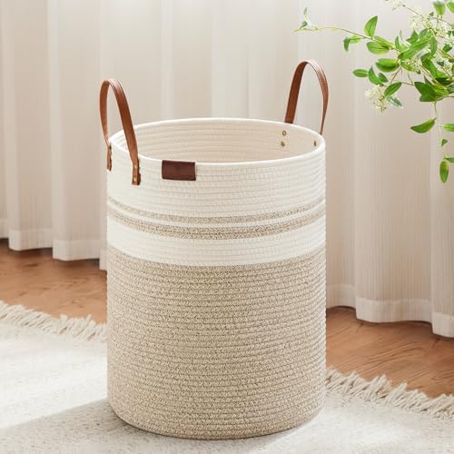 VIPOSCO 53L Tall Woven Rope Laundry Hamper, Leather Handles, Brown & White by VIPOSCO