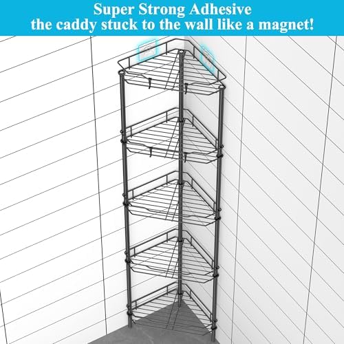 HuggieGems 5 Tier Floor Standing Corner Shower Caddy Organizer Shelf with Hooks, Bathroom Shelves Stand Rack, Black - Image 2