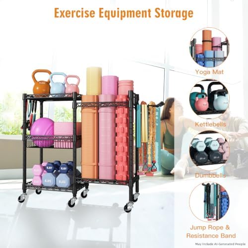 FUTASSI Home Gym Storage, 3 Tiers Workout Equipment Organizer with Wheels for Yoga Mats, Foam Roller, Dumbbells, Kettlebells, and Resistance Bands - Image 3